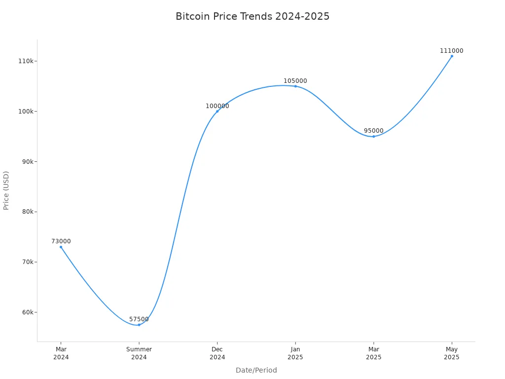 A line chart showing Bitcoin price milestones from March 2024 to May 2025, highlighting new all-time highs and corrections.